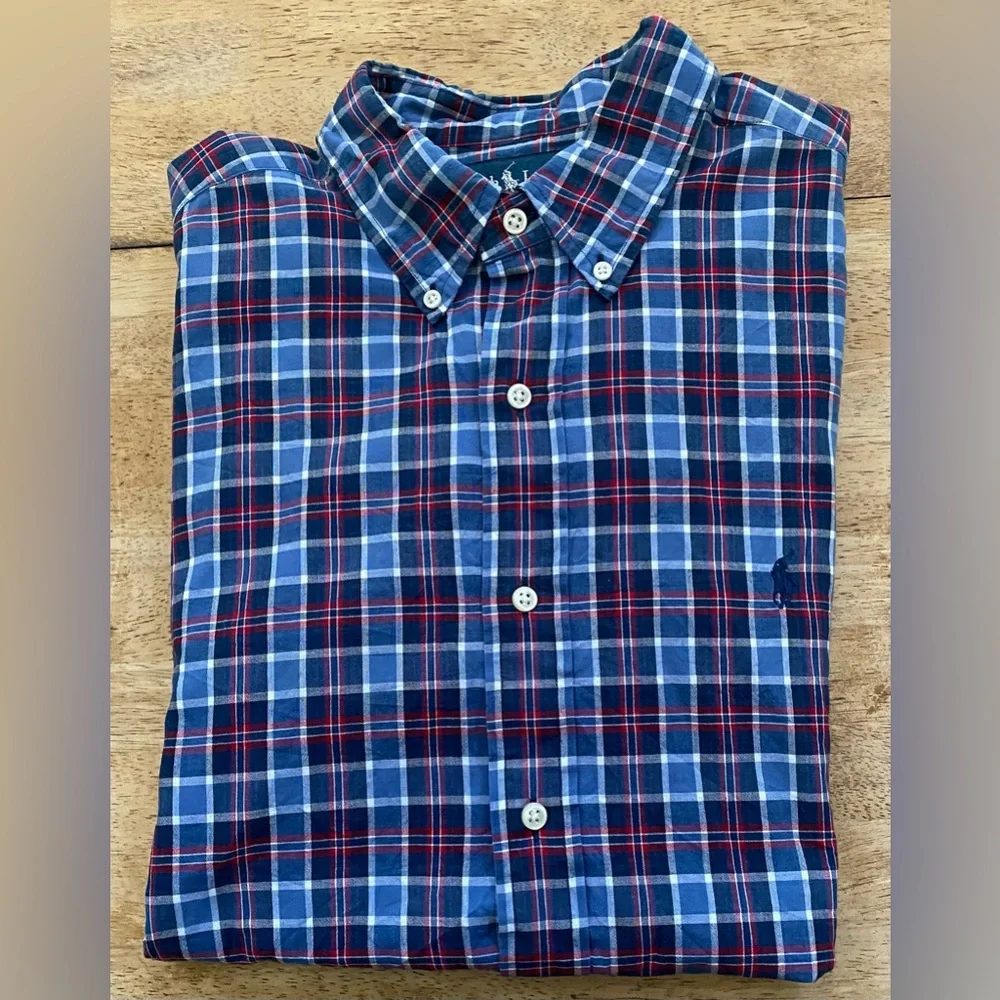 Polo Ralph Lauren Classic Fit Men’s Sz L Blue/Red Box‎ Plaid Short Sleeve Oxford